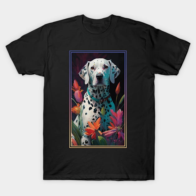 Dalmatian Dog Vibrant Tropical Flower Tall Digital Oil Painting Portrait 2 T-Shirt by ArtHouseFlunky